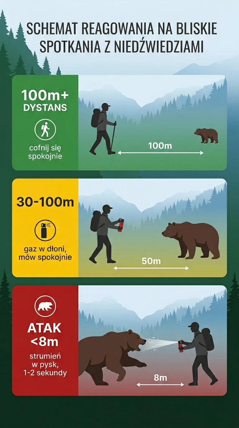 Infografika plan działania krok po kroku przy spotkaniu z niedźwiedziem — gaz pieprzowy w obronie, trzy dystanse i właściwe zachowanie