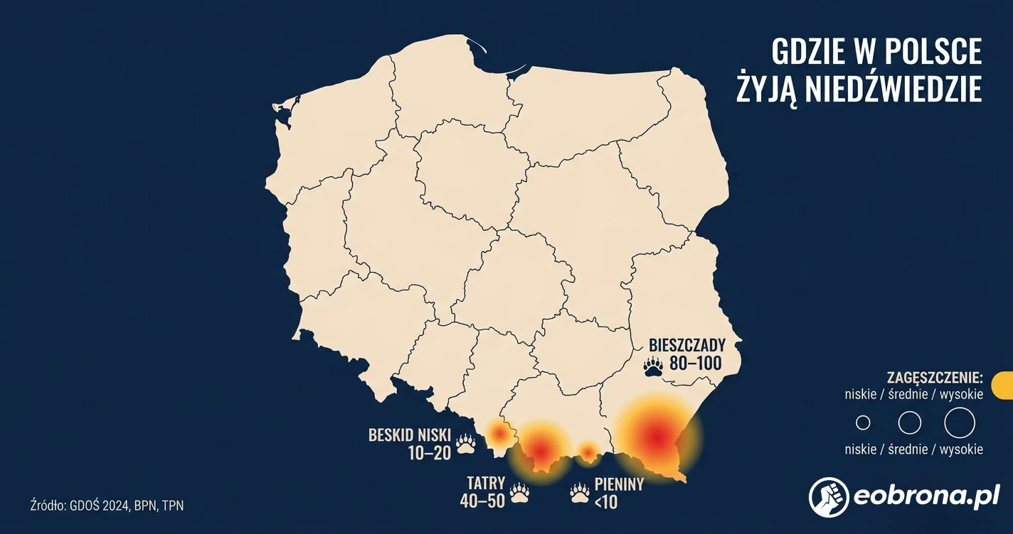 Mapa Polski — gdzie w Tatrach, Bieszczadach, Beskidzie Niskim i Pieninach żyją niedźwiedzie brunatne, dane GDOŚ 2024
